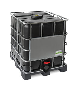 Réservoir IBC en HDPE noir de 1000 L avec cadre métallique et valve rouge pour le stockage de produits chimiques, niveau de sécurité élevé - Product Image 1