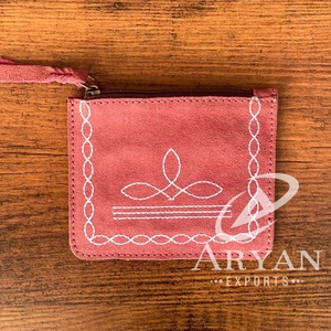 New Handmade Boot Stitch Pink Genuine Suede Leather Coin <b>Pouch</b> Western Cowhide Leather Mini Wallet Change Purse for Women's - Product Image 1