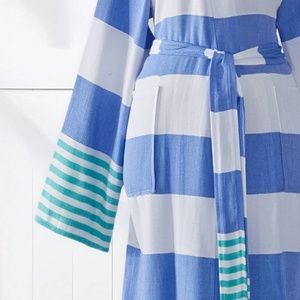 Peignoir en coton turc méditerranéen, rayures bleues et turquoise, style kimono - Product Image 4