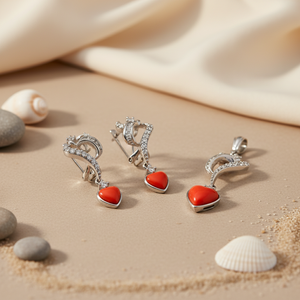 Juego de Pendientes con Colgante de Corazón Plateado con Coral Rojo y Circonita, Chapado en Oro Fino, Joyería de Boda para Mujer, para Fiestas o Regalos - Product Image 1