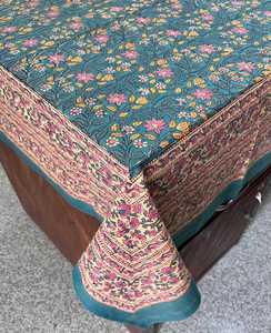 Traditional Floral Hand Block Printed 100% Eco-Friendly Cotton Artisan Design Washable <b>Tablecloth</b> Elegant Handcrafted Cover - Product Image 2