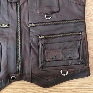 Genuine Leather Men's Winter Solid <b>Vest</b> Sleeveless Jacket Casual Many Pockets Brown <b>Black</b> Windproof Outerwear - Product Image 2