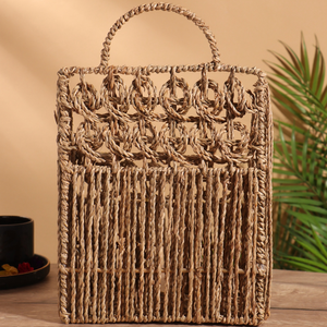 Panier mural en herbe de mer tissé à la main / Porte-revues décoratif tissé avec motif en chaîne et poignée supérieure pour le bureau et la maison - Product Image 4