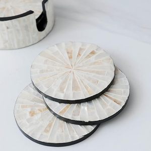Unique Round Mother of Pearl Coaster <b>Set</b> with Holder Kitchen Mat and Pad for <b>Home</b> Restaurants and Special Occasions - Product Image 2