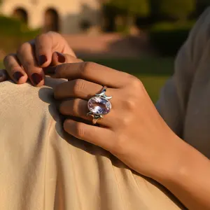 Boucles d'oreilles fines en argent 925 pour femmes, bijoux en pierre précieuse améthyste, bague - Product Image 3