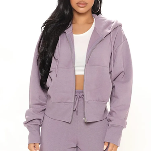 Haute qualité vêtements de sport personnalisés fermeture éclair femmes à capuche 100% coton biologique goutte épaule femmes haut court à capuche - Product Image 4