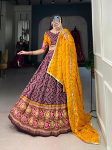 Tussar soie indien traditionnel lehenga choli nouveau concepteur dernier concepteur Bandhej et Patola impression avec feuille travail adulte - Product Image 4