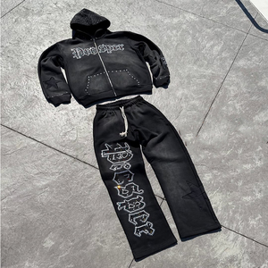 Conjunto de Dos Piezas de Sudadera con Capucha de Felpa Francesa Ligera para Hombre, Personalizado, Vintage, Lavado, Estilo Holgado, Desteñido al Sol, con Pedrería, Chándal de Invierno - Product Image 1