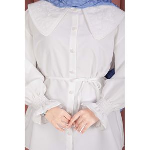 Túnica Blanca para Mujer con Cuello Bordado y Cintura Ajustable con Cordón, Popelina Floral de Rayón, Corte Holgado Informal para Fiestas, Talla XL - Product Image 5