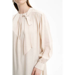 Beige Viscose Floor-Length A-Line Evening Tunic with Tie Neck Detail for Women - Product Image 4