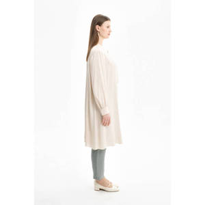 Beige Viscose Floor-Length A-Line Evening Tunic with Tie Neck Detail for Women - Product Image 2