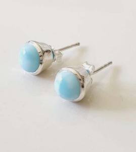 Haute qualité 10mm Larimar Cabochon pierres précieuses 925 boucle d'oreille en argent Sterling plaqué or fait à la main été boucle d'oreille - Product Image 1