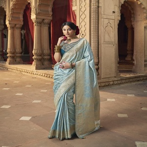 Women's Pure <b>Satin</b> Indian Saree with Fancy Lace Border Heavy Embroidery Designer <b>Blouse</b> Indian Made in Stock - Product Image 1