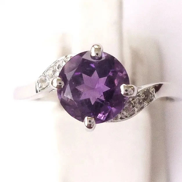 Cincin batu permata bulat perak Sterling 925 menarik, cincin batu permata Amethyst warna bagus