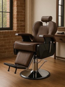 Fauteuil de barbier hydraulique moderne en cuir marron avec dossier inclinable et repose-pieds réglable - Product Image 1