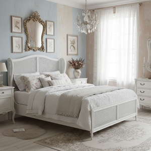 Cadre de lit en panneaux de canne française en acajou massif élégant, style français vintage pour chambre principale, lit queen, lit king, hôtel, intérieur résidentiel - Product Image 1