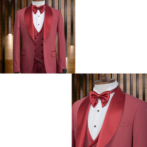 Traje de esmoquin elegante de lana para hombre, para boda, fiesta o noche, 80% lana, corte ajustado, cierre de botón, tela roja de lana worsted - Product Image 3