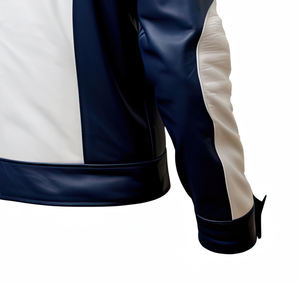 แจ็คเก็ตหนังแท้สีขาวน้ำเงิน ปกตั้ง ซิปหน้า กันน้ำ เป็นมิตรกับสิ่งแวดล้อม สไตล์ไฮสตรีท ทรงเข้ารูป สไตล์ไบค์เกอร์ คาเฟ่ เรเซอร์ - Product Image 6