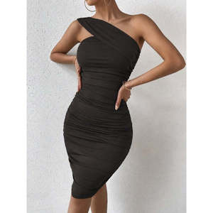 Vestido Corto de Mujer con Hombros Descubiertos, Tirantes Asimétricos y Detalle Fruncido, 35165 - Café - Product Image 2