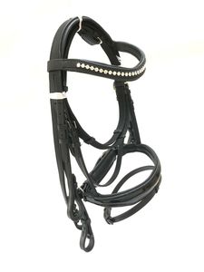 Cheval Nouveau BRIDLE Anatomique Cuir Noir Rembourré Qualité Premium REINS Argent Cristal - Product Image 6