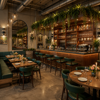 Meubles de restaurant haut de gamme sur mesure, table et chaises en bois massif rustique, banquette en velours vert pour café