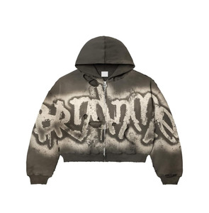Sweat à capuche imprimé 100% coton avec logo personnalisé pour hommes pull à ourlet brut techniques brodées recadrées à capuche en éponge surdimensionnée - Product Image 1