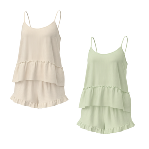Women's <b>Thermal</b> Ribbed Knit Ruffle Hem Camisole Shorts <b>Pajama</b> Set Soft Cozy Satin Luxury Sleepwear - Product Image 1
