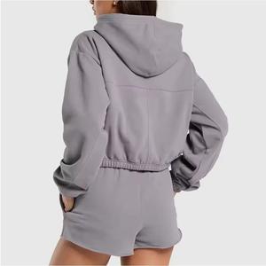 Wholesale Custom Logo Vintage Pattern Patches Women's 2 Piece Hoodie <b>Shorts</b> Set Acid Wash Jogging Crop Top - Product Image 6