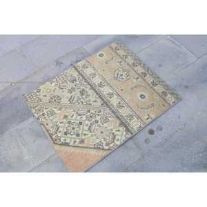 Vintage Turkish Rug, 2.1x2.7 ft Rug, <b>Brown</b> Green Bordered <b>Wool</b> Rug - Product Image 3