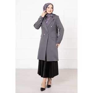 Chaqueta Larga Gris Humo para Mujer con Cuello de Pañuelo, Tejido Moderno, Forro de Poliéster, Tallas XS-XL para Otoño - Product Image 3