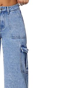 Pantalones Vaqueros Cargo de Pierna Ancha Azul Claro para Mujer, Pantalones de Mezclilla de Cintura Alta con Bolsillos Laterales, Ropa Casual de Calle, Suministro del Fabricante, OEM - Product Image 2