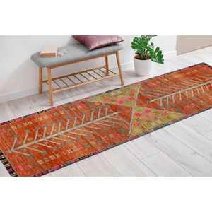 Tapis turc vintage : motif floral rose, design anatolien orange imprimé, tapis à poils doux - Product Image 1