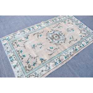 Alfombra Vintage de Lana con Diseño a Cuadros Azul Turco, 3.8x6.7 pies - Product Image 2