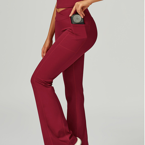 Mujeres de cintura alta Levantamiento de glúteos Tummy-Control V-Cut Flare Leggings Pantalones con bolsillos - Product Image 1