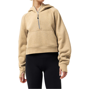 Sweat-shirt à capuche pour femme, coupe courte, demi-zip, en molleton épais polyester/coton, avec trous pour les pouces, surdimensionné, uni, avec badge - Product Image 1