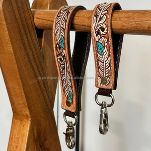 Turquoise et plume blanche usiné bracelet en cuir porte-clés ensemble porte-clés personnalisé-clé de voiture de cow-girl clé Western clé sangle porte-clés - Product Image 3