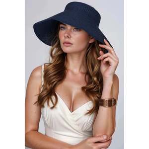 <b>Navy</b> Blue Straw Visor <b>Hat</b> with Ribbon and Sun Protection HSR2080 - <b>Navy</b> Blue1 - Product Image 1