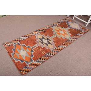 Vintage Herki <b>Runner</b> <b>Rug</b> 2.7x6.8 ft (81x206 cm), Turkish Orange Floral Wool <b>Rug</b> - Product Image 2