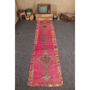 พรมวินเทจขนาด 3x11.3 ฟุต พรมตุรกีขนาดเล็ก พรมลายเรขาคณิตสีชมพูฟ้า - Product Image 1