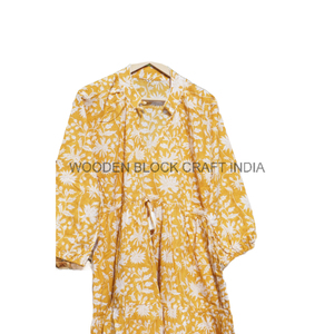 Robe midi décontractée confortable à manches longues pour les fêtes d'été, magnifique, 100% coton, imprimé floral léopard, faite à la main en Inde, naturelle - Product Image 2