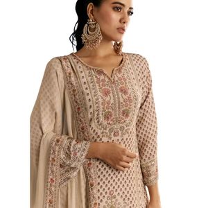 Beige crêpe stampato Kurta Sharara con Dupatta e pot Bag per eventi festivi all'ingrosso matrimoni incontri culturali OEM - Product Image 4