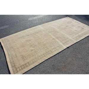 Alfombra turca Vintage Beige de 5x10,2 pies, alfombra rectangular de área grande hecha a mano, lana abstracta, seda de bambú para habitación de pasillo - Product Image 2