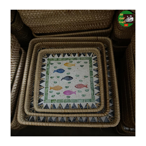 Plateau de service en mosaïque de nacre et de rotin, fait à la main, nouveau plateau combiné en rotin et en nacre de coquillage pour le thé et le café - Product Image 2