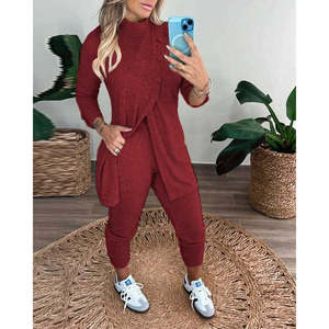 Conjunto de Dos Piezas para Mujer, Blusa de Manga Larga con Cuello Alto y Botones Delanteros y Pantalones Suaves, 20332 - Borgoña - Product Image 2