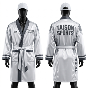 Premium 280 GSM Satin <b>Boxing</b> <b>Robe</b> Beige Black Contrast Piping Custom Embroidery Print Logo Design <b>boxing</b> rob - Product Image 3