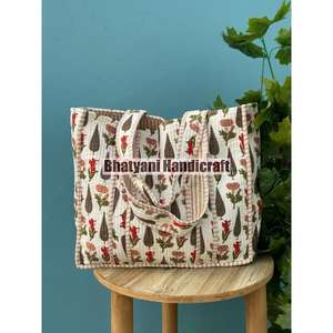 Bolso de compras de algodón hecho a mano indio con estampado de bloque de mano, bolso de mano para mujer, bolso de hombro acolchado con estampado de bloque hecho a mano - Product Image 1