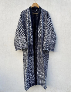 Veste Kantha en coton faite à la main Vintage Block Print Kimono Robe Ethnique Style Boho Noir Manteau Matelassé Gratuit Hiver Léger - Product Image 2