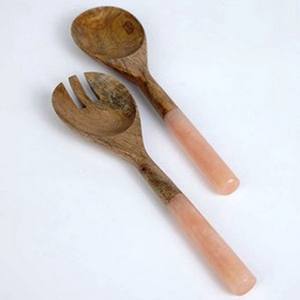 Ensemble de 2 serveurs à salade en résine, finition mate marbrée marron, ensemble de serveurs à salade en bois naturel avec 2 spatules, ustensiles durables faits à la main - Product Image 2
