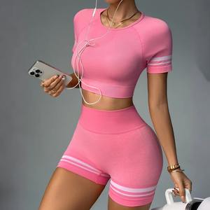 Conjunto Deportivo para Mujer al por Mayor con Logotipo Personalizado, Top Deportivo Sin Costuras, Shorts de Cintura Media, Ropa Deportiva Transpirable de Spandex/Poliéster - Product Image 2