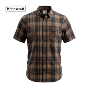 Tissu extensible à carreaux gris à manches courtes pour hommes avec poche poitrine toute la journée, finition respirante au toucher doux - Product Image 4